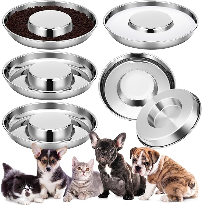 Zopeal 6 Pcs Stainless Steel Puppy Bowls 10.2'' Puppy Feeder Dog Water Food Feeding Bowl for Multiple Weaning Small Dogs Cats, Pet Eating at The Same Time, Flat Style