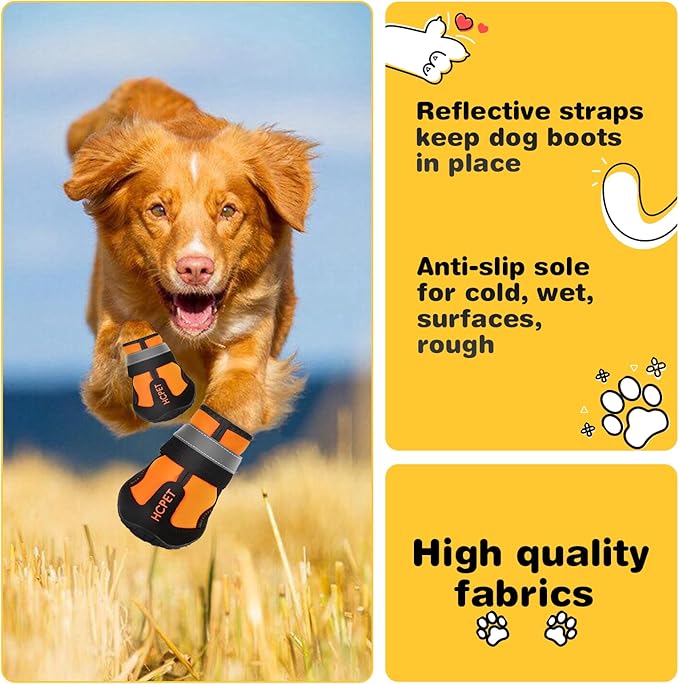 Hcpet Dog Shoes, Dog Boots for Large Dogs, Waterproof Dog Booties Paw Protector for Summer Hot Pavement, Winter Snowy Day, Outdoor Walking, Indoor Hardfloors Anti Slip Sole Orange Size 8