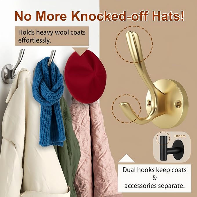 ZUONAI Gold Coat Hooks for Wall Decorative 8 Pack Heavy Duty Metal Hooks for Hanging Coats and Hat Hooks Wall Mounted Towel Hooks for Bathrooms