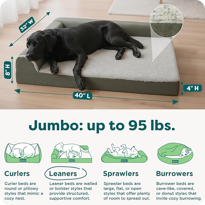 FurHaven Orthopedic Dog Bed for X-Large Dogs, L-Shaped Chaise Contour Mattress with Egg Crate Orthopedic Memory Foam for Joint Support, Removable Washable Cover, Jumbo/XL, Faux Fur & Suede, Dark Sage