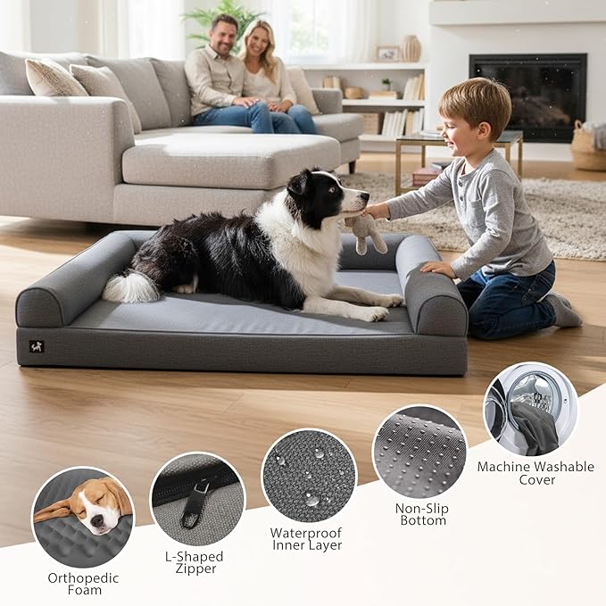 Sytopia 42" Orthopedic Dog Bed for Large Dogs, Waterproof Egg Crate Foam XL Pet Bed with Removable Washable Cover, Non-Slip Bottom, Supports up to 100 lbs for Senior Pets, Dark Gray