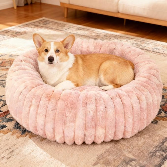 Washable Small Cat Dog Bed,Calming Anti Anxiety Round Donut Dog Bed,Fluffy Puppy Dogs Beds for Medium Small Dogs,Cute Kitten Cats Beds for Indoor Cats,Comfort Pet Beds for Medium Size Dog(Pink,M)