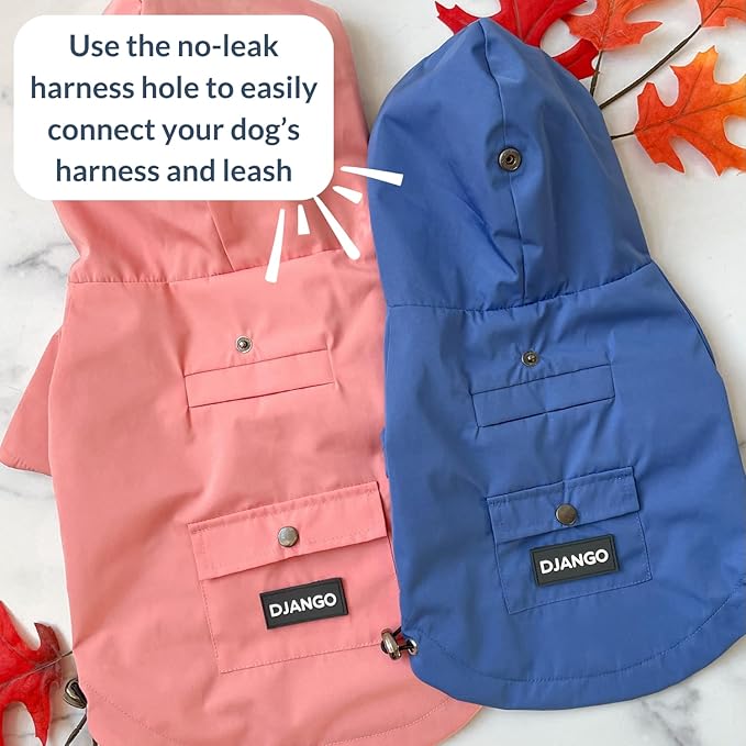 DJANGO Highland Dog Jacket & Raincoat – Water-Repellent, Lined Dog Coat with Hood, Adjustable Fit & Harness Hole – Lightweight Rain & Wind Jacket for Small & Medium Dogs up to 30 lbs (Blue, Small)