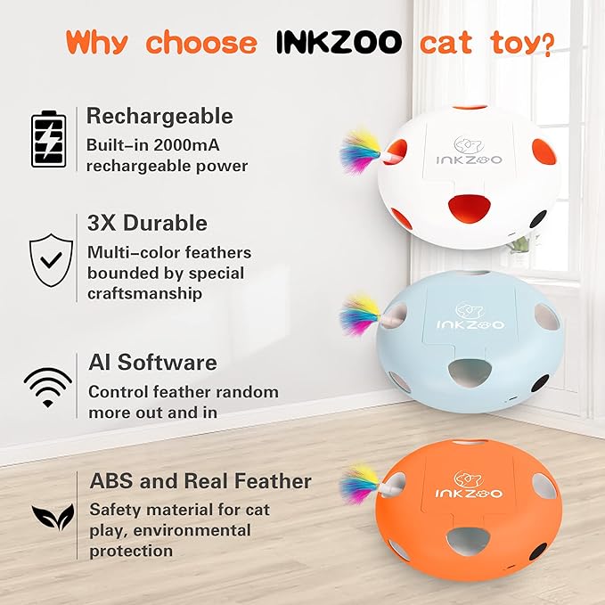 Cat Toys, Interactive Cat Toys for Indoor Cats, Ultra Fun Smart Interactive Kitten Toy, Automatic 7 Holes Mice Whack-A-Mole， USB Rechargeable, 4 Pieces Feather Refills (Orange)