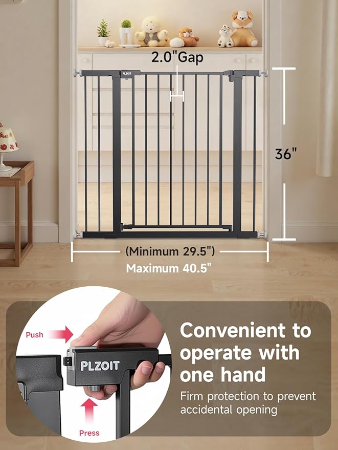 36" Extra Tall Baby Gate for Stairs, 29.5-40.5" Wide Dog Gate for Doorways, Walk Thru Auto Close Metal Pet Gate for The House, Stairs and Doorways, Child Gate Pressure Mounted Dog Gate Indoor - Black
