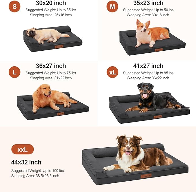 Orthopedic Memory Foam Dog Bed, Removable Washable Microsuede Cover, TPU Waterproof Liner, Nonskid Bottom, for Indoor, Outdoor, Crate ＆ Car Use, 35x23x6 Inches, Dark Grey