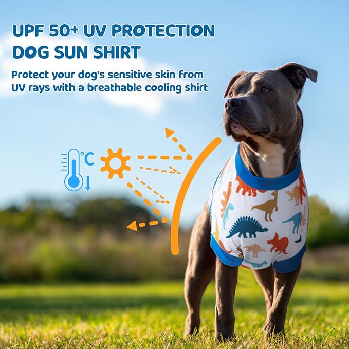 UPF 50+ Sun Protection Dog Shirt - Sleeveless Cooling Vest for Large Dogs Boy, Quick-Dry Pet T-Shirt with Funny Dinosaur Horns, UV Protective Breathable Dog Clothes U-COSBX02XL