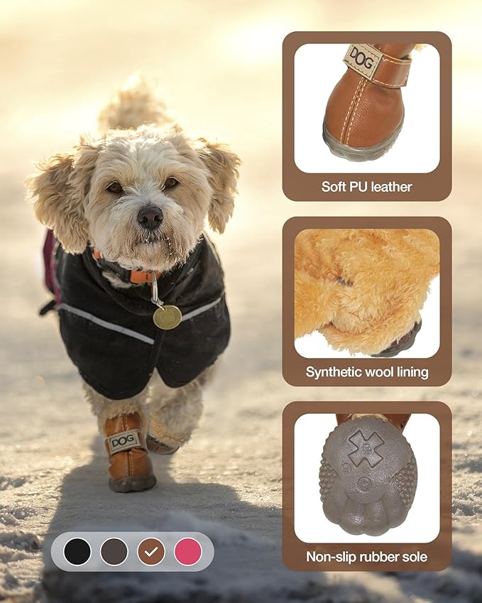 Winter Dog Boots & Paw Protectors: Outdoor Anti-Slip Dog Snow Shoes, Dog Booties Provide Warmth to Dogs Paws from Ice and Snow, Rubber Sole PU Leather Faux Fleece-Lined, Light Brown Dog Shoes Size 5
