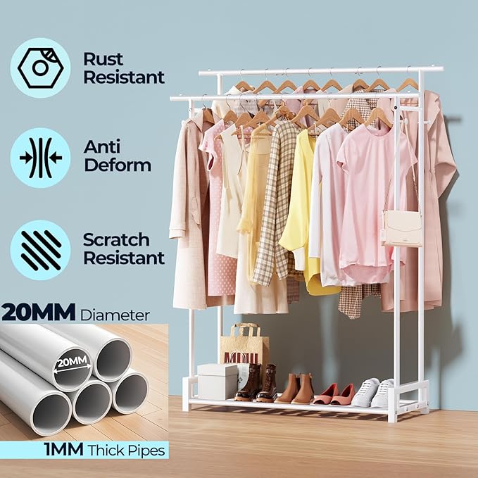 Clothes Rack for Hanging Cloth,Double Rods Metal Clothes Rack with Storage Shelf and Coat/Hat Hook, Freestanding Clothing Rack for Bedroom, Laundry, Cloakroom, White
