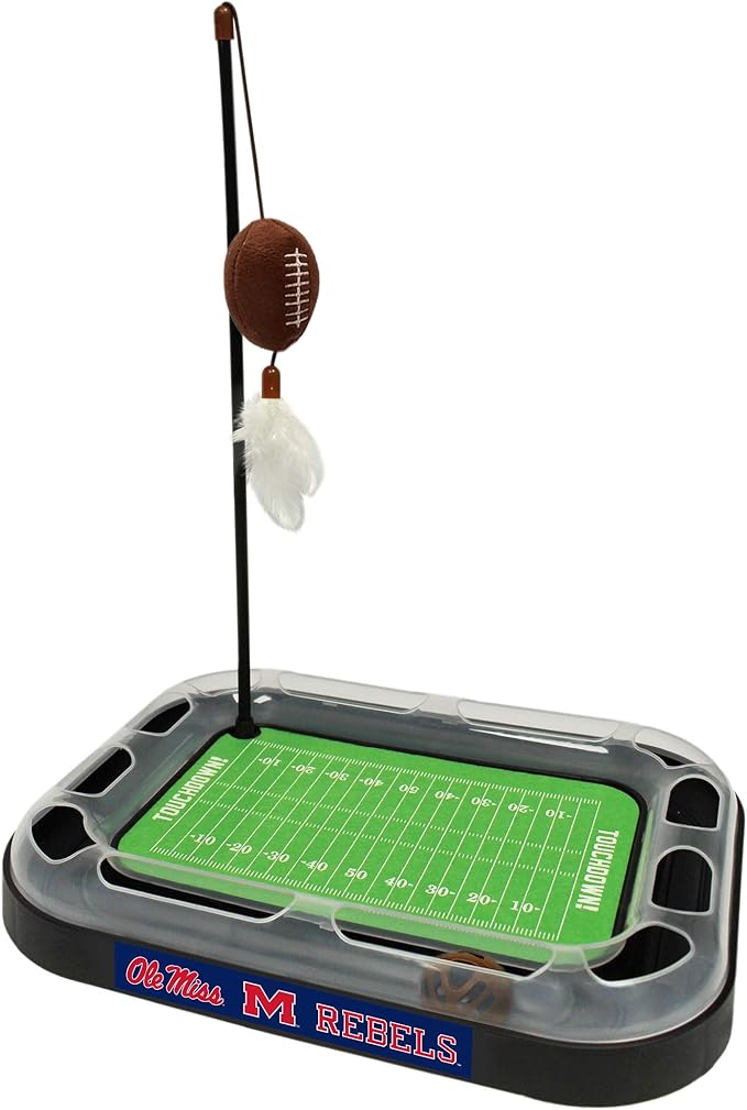 Pets First Cat Scratcher Toy With Interactive Ball Bell in Tracks - 5-in-1 Toy: Wand Poll With Catnip Filled Plush Football & Feather