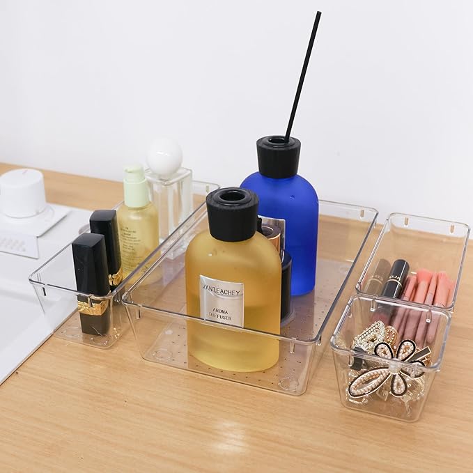 25 PCS Clear Plastic Drawer Organizer Set,Vanity Organizer Storage Bins Containers,4 Size Desk Drawer Organizer Tray