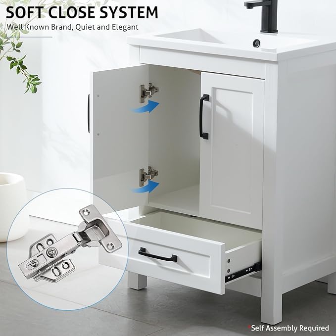eclife 24" Bathroom Vanities with Sink Combo, Modern Thickened Wood Bathroom Storage Cabinet w/Undermount Sink, Matte Black Faucet Drain, Painted Surface, White