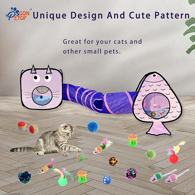GONPET Set for Indoor Cats: 23 PCS Kitten Toys, Incl. Collapsible Pet Tunnel, Interactive Cat Teaser Wand & Balls