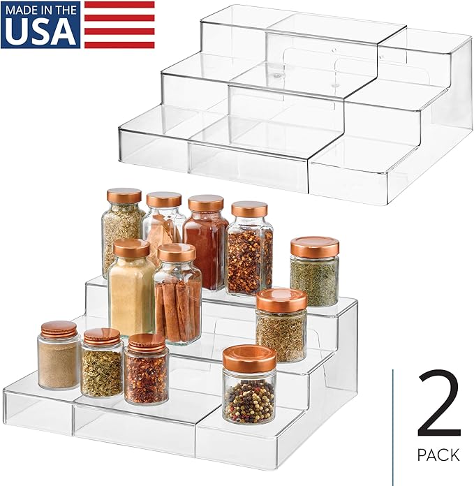 iDesign 3-Tier Expandable Spice Rack Organizer for Cabinet, Pantry, Set of 2, Clear, Made in USA
