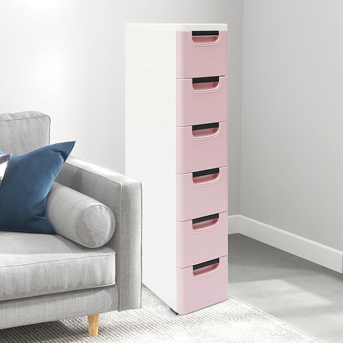 6 Drawers Storage Cabinet, Narrow Plastic Dresser, Rolling Organizer Cart, Mobile Slim Utility Cart on Wheels, Storage Drawer for Small Spaces (Light Pink)