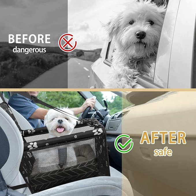 PetsHome Dog Car Seat Foldable Dog Car Booster Seat Waterproof Breathable Oxford Travel Bag for Small to Medium Dogs, Puppies, and Pets-Pattern Black+Mat