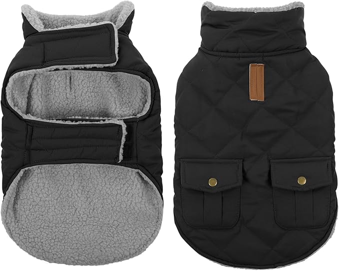 Queenmore Dog Winter Coat Warm Puffer Jacket Waterproof Plush Lining Thermal Cold Weather Vest for Small Medium Large Dogs, Windproof Easy On Pet Jacket Black XL