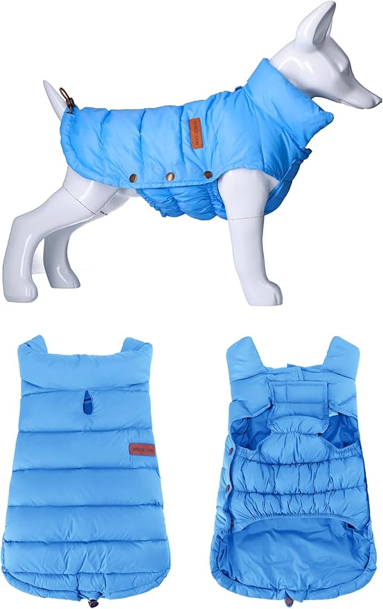 SPACE LION Dog Puffer Jacket, Down Winter Coat, Durable Outdoor Coat for Cold and Windy Conditions, Lightweight & Adjustable Fit Coats for Small & Medium Dogs, (Alaskan Blue, Size 12 Gift Box)