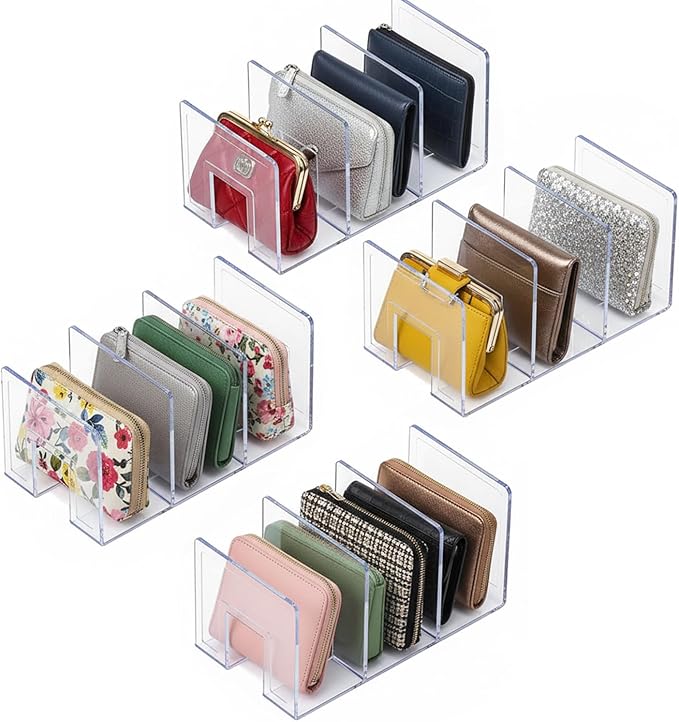 YAGELI Clear Acrylic Purse Organizer for Closet, 3-4 Section Desk File Sorter, 2.95" Wide Slots for Clutches, Handbags, Binders & Folders, Sturdy Stackable Bookshelf Organizer, 4-Pack (3 Sections)