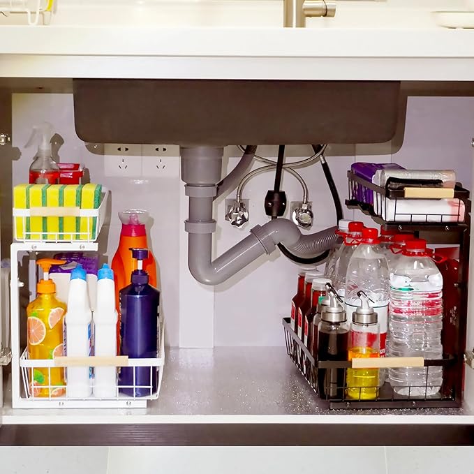Under Sink Organizer, 2 Tier Pull Out Cabinet Organizers and Storage for Kitchen Bathroom Pantry Laundry, Adjustable Height, Slide Out Thickened Metal Storage Shelf (White, 1 Pack)
