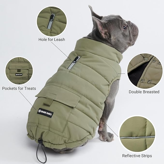 Spark Paws Dog Winter Jacket, Water-Resistant Coat, Warm Reflective Windproof Fleece-Interior, for Medium and Large Dogs - Olive - S