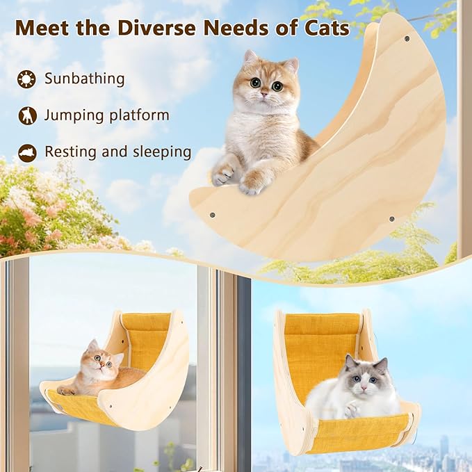 Window Cat Bed, Suction Cup Cat Window Perch for Large Cats, Moon Shelves Cat Hammock for Window, Wall Mounted Solid Wood Cat Bed for Sleep Watch Birds Sunbathing, Holds 50 Pounds
