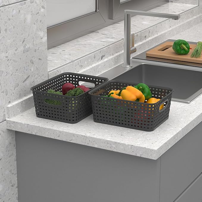 9-Pack Plastic Woven Storage Baskets Set -Grey Organizer Bins for Shelves, Kitchen Pantry, Bathroom, Office | 10.1"L x 7.55"W x 4.1"H | Multi-Purpose Shelf Basket Organizers