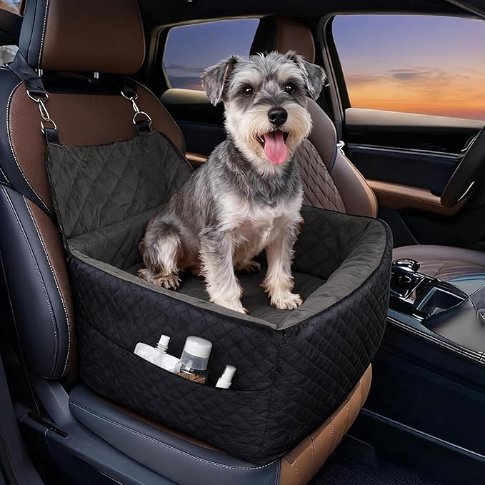 Memory Foam Dog Car Seat for Small/Medium Dogs,Travel Booster Seat for Dogs up to 35 lbs, Washable Removable Cover & Storage Pockets, Comfortable & Safe Car Seat for Pet Travel