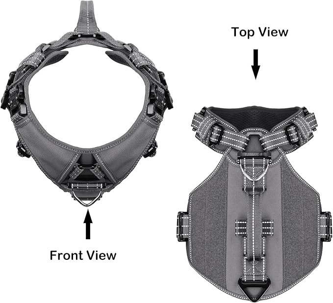 ICEFANG GN8 Tactical Dog Harness with 4X Metal Buckles for Small Sized Dogs,Reflective in Training Walking K9 Dog Vest,No-Pull Front Leash Clip,Adjustable Pet Harness (Grey, Small (Pack of 1))