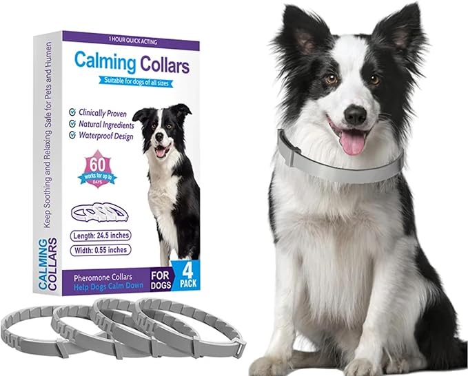 Calming Collars for Dog, 4 Packs, Dog Pheromone Calm Collars Help Dogs Calm Down, Stress Separation Suitable Dogs Last 60 Days Relieve per Box Collar Size 24.5 inch Color Gray