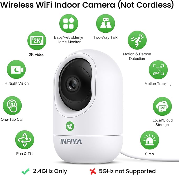 2K Baby Camera-WiFi Home Security Cameras Indoor via One-Tap Call with Elderly/Baby/Nanny, Motion Alert, Local/Optional Cloud Storage, Compatible with Alexa/Google Home, K7 1Pack (2.4GHz Only)