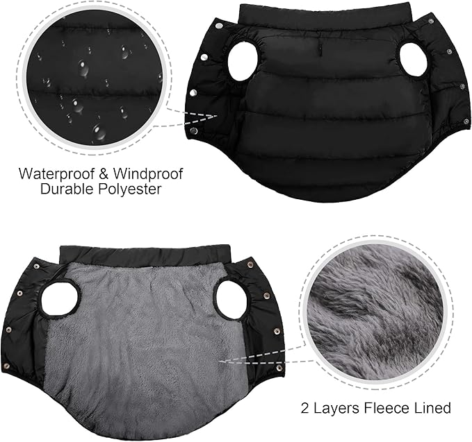 ASENKU Windproof Dog Winter Coat Waterproof Fleece Jacket Cold Weather Pet Apparel for Small Medium Large Dogs (Black, 2XL)