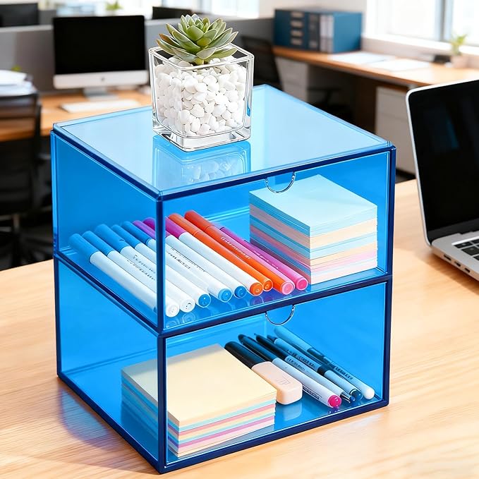 Acrylic Desk Organizer with Drawers Stackable Makeup Organizer for Vanity Office Countertop Cosmetic Display Cases Makeup Storage Box, Sky Blue