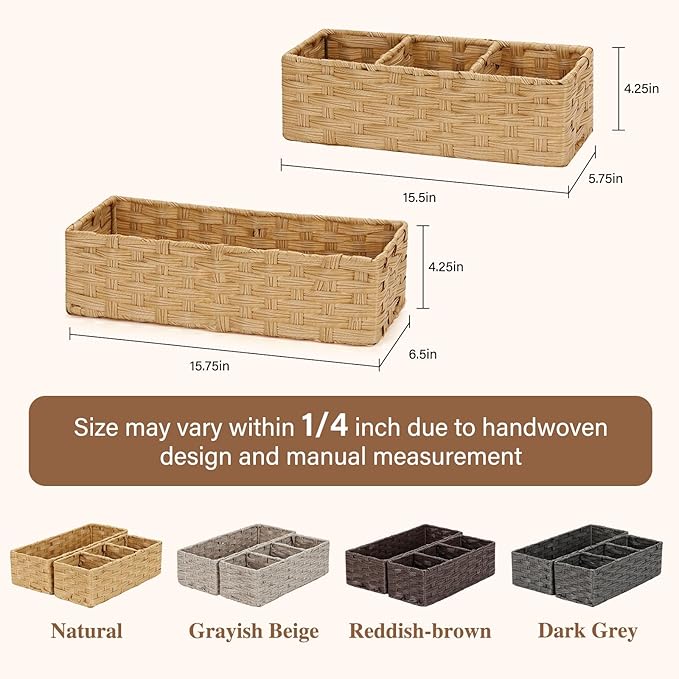 Bidtakay Small Wicker Baskets for Organizing Woven Baskets for Storage 2-Pack Waterproof Imitation Wicker Narrow Storage Bins for Shelves Towels Baskets for Washroom Natural