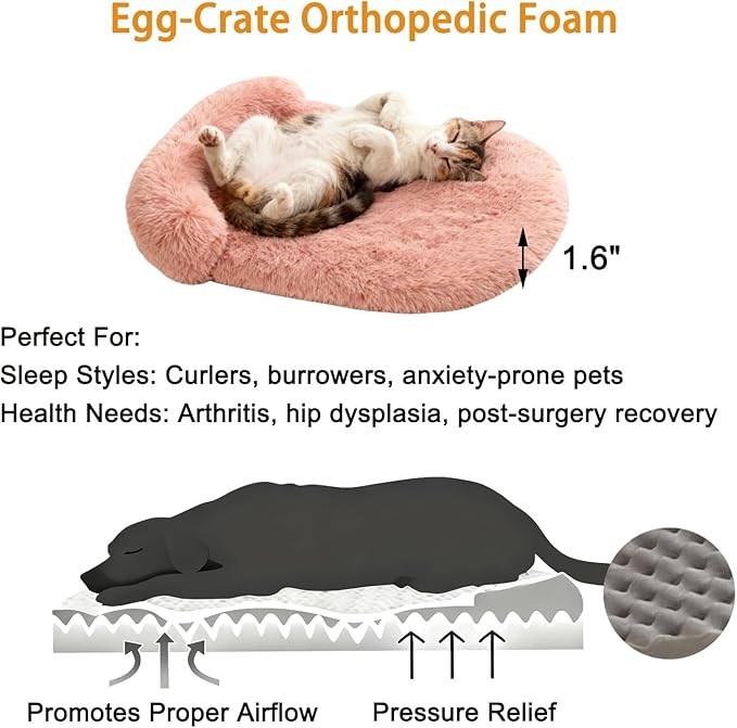 Calming Dog & Cat Beds for Small Medium Dogs Cats, Anti-Anxiety Plush Pets Lounge Couch Sofa Orthopedic Cushion, Soft Fluffy Faux Fur Washable, Fits up to 25 lbs Pets (Oval, Blush 26"x20")