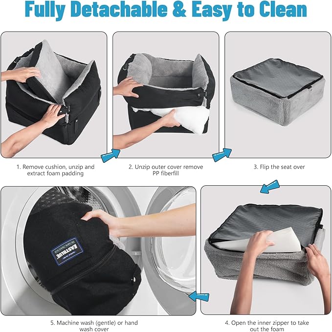 EASTBLUE Dog Car Seat for Small Medium Dogs Up to 35 lbs, 2 Memory Foam Pads Dog Booster Car Seat with Seat Belt, Washable Pet Carseat for Puppy & Cat, Dogs Travel Bed for Cars (Black/Grey-Fleece)