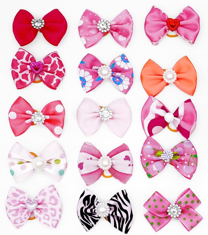 PET SHOW 100 Pack Girl Dog Hair Bows with Rubber Bands for Small Dogs Female Puppies Yorkies Pink Topknot Red Purple Medium Dogs Cats with Long Hair Assorted Pet Grooming Accessories (100)