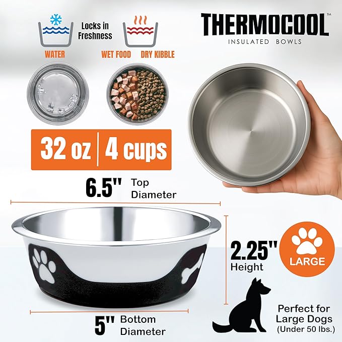 Thermocool Stainless Steel Dog Bowls, Non Slip, No Spill Insulated Dog Bowl, Keeps Food Warm & Water Cold for Dogs, Dishwasher Safe (Light Blue, Large 32 Oz)