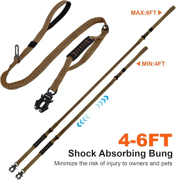 Heavy Duty Dog Leash, 4-6 Ft Shock Absorbing with Heavy-Duty Seatbelt Buckle & Dual Handles - No Bungee, for Medium to Large Dogs (Khaki)