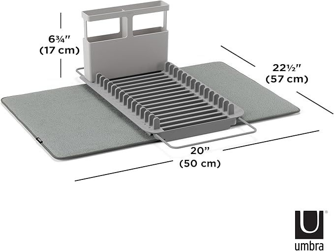 Umbra Udry Rack and Microfiber Dish Drying Mat-Space-Saving Lightweight Design Folds Up for Easy Storage, Over The Sink, Charcoal