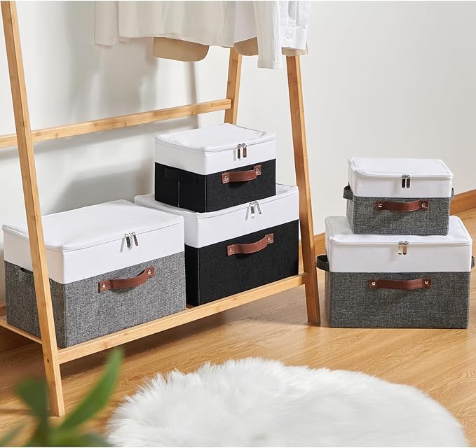2 Pack Storage Boxes with Zipper Lid Cotton Linen Fabric Lidded Storage Bins Baskets Foldable Washable Closet Shelf Clothes Organizer Container Faux Leather Handles (Gray White, Large)