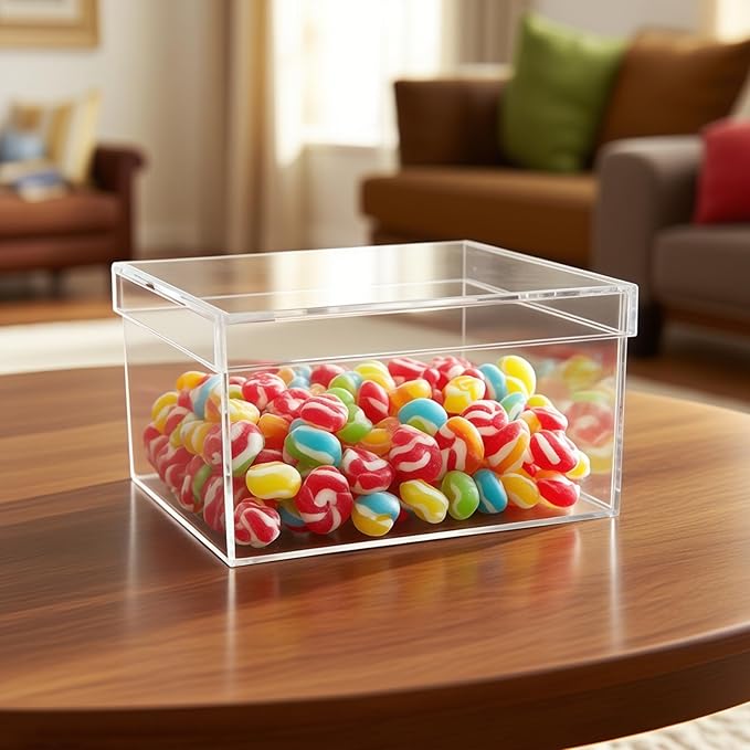 Acrylic Organizer Box with Lid, Clear Storage Cube, 8.1 X 8.1 X 3.9 in / 20.5 X 20.5 X 10 Cm, Stackable Container for Craft Supplies, Makeup, and Jewelry