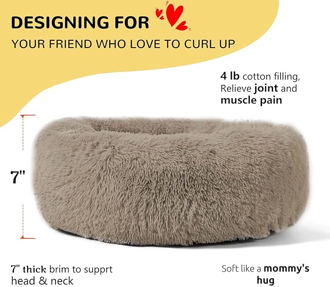 HACHIKITTY Calming Donut Cuddler Dog Bed, Round Fluffy Pet Bed with Sewn-in Cushionfor Large Dogs,Washable, Taupe, XLarge 36''