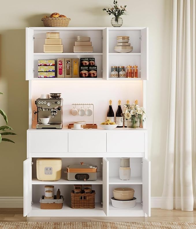 71" Tall Kitchen Pantry Cabinet, Adjustable Shelves & Doors and Three Drawers, Microwave Shelf, Coffee Bar with LED Lights & Charging Station, Corner Storage Hutch for Living Room, White