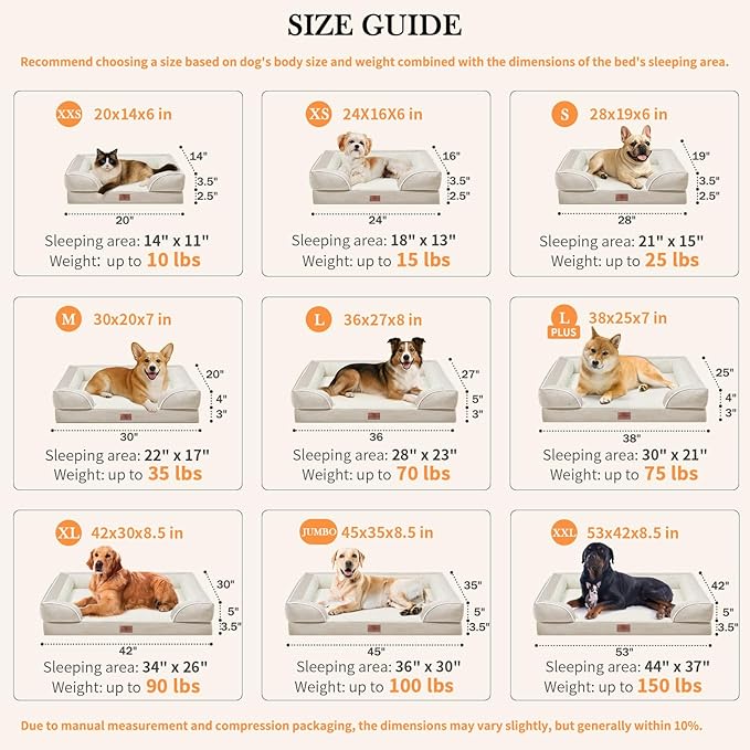 Comfort Expression Orthopedic Dog Bed for Small Dogs 20x14 Inch, Waterproof Supportive Egg Crate Foam Small Pet Bed with Removable Bolsters, Dog Couch with Washable Cover & Non-Slip Bottom, Beige