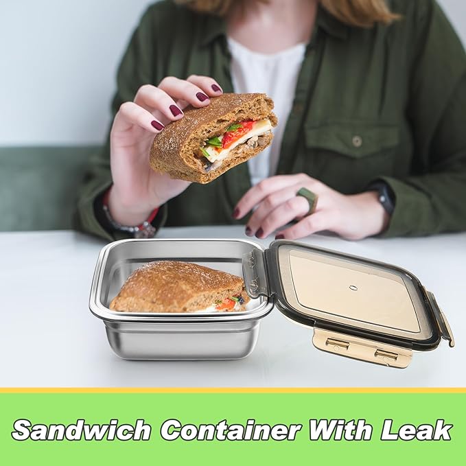 6 Pack Stainless Steel Sandwich Containers with Lids 25.4 oz Metal Food Container for Lunch Boxes with Airtight Silicone Seal for Sandwiches and Snacks(Black)