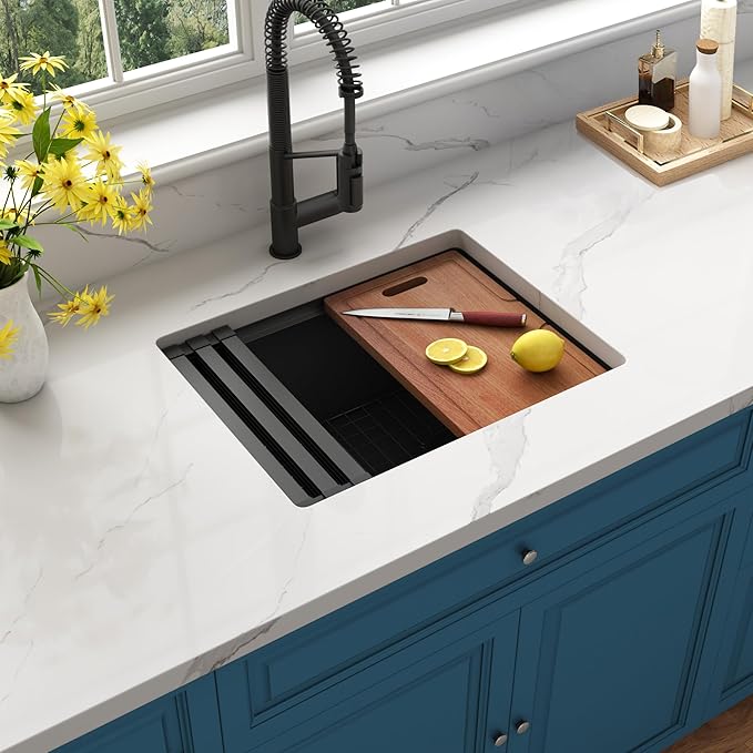Black Undermount Kitchen Sink,16 Gauge Stainless Steel Sinks,Single Bowl Workstation Sink,Modern Kitchen Sink Offset Drain (23" X 18")