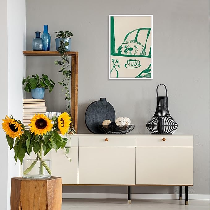 Funny Sneaky Dog Poster Abstract Coffee Breakfast Canvas Wall Art Modern Minimalist Animal Sketch Artwork Prints Painting For Living Room Kitchen Dining Room Wall Decor 12x16in Unframed