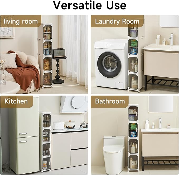 4-Tier Narrow Storage Cabinet with Magnetic Doors and Shelves, Plastic Slim Bathroom Organizers and Storage with Wheels for Small Spaces Bathroom, Kitchen, White