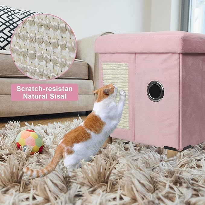 BRIAN & DANY Foldable Cat House, Cat Cave, Cat Cube with Scratch Board & Ball, 12.5" x 14.5” x 14.1”, Pink